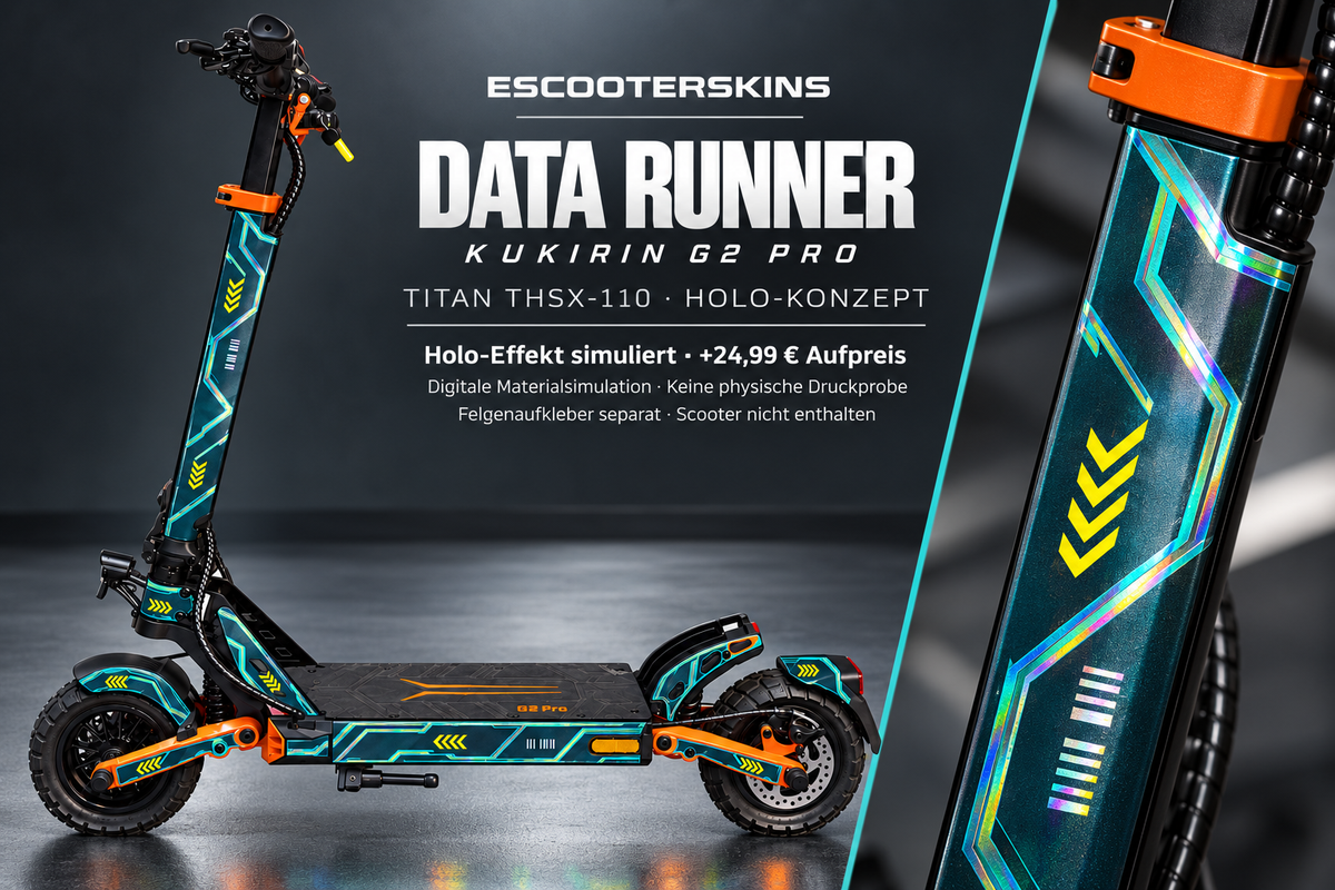 KUKIRIN G2 PRO SKIN | DATA RUNNER – Holo-Effekt simuliert; +24,99 EUR Aufpreis. Digitale Materialsimulation, keine physische Druckprobe. Nur Body-Skin; Scooter und Felgenaufkleber nicht enthalten.