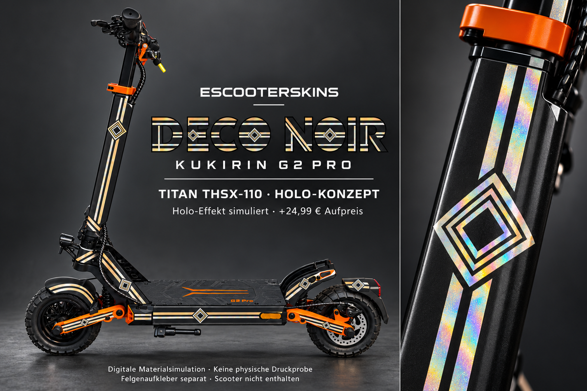 KUKIRIN G2 PRO SKIN | DECO NOIR – Holo-Effekt simuliert; +24,99 EUR Aufpreis. Digitale Materialsimulation, keine physische Druckprobe. Nur Body-Skin; Scooter und Felgenaufkleber nicht enthalten.