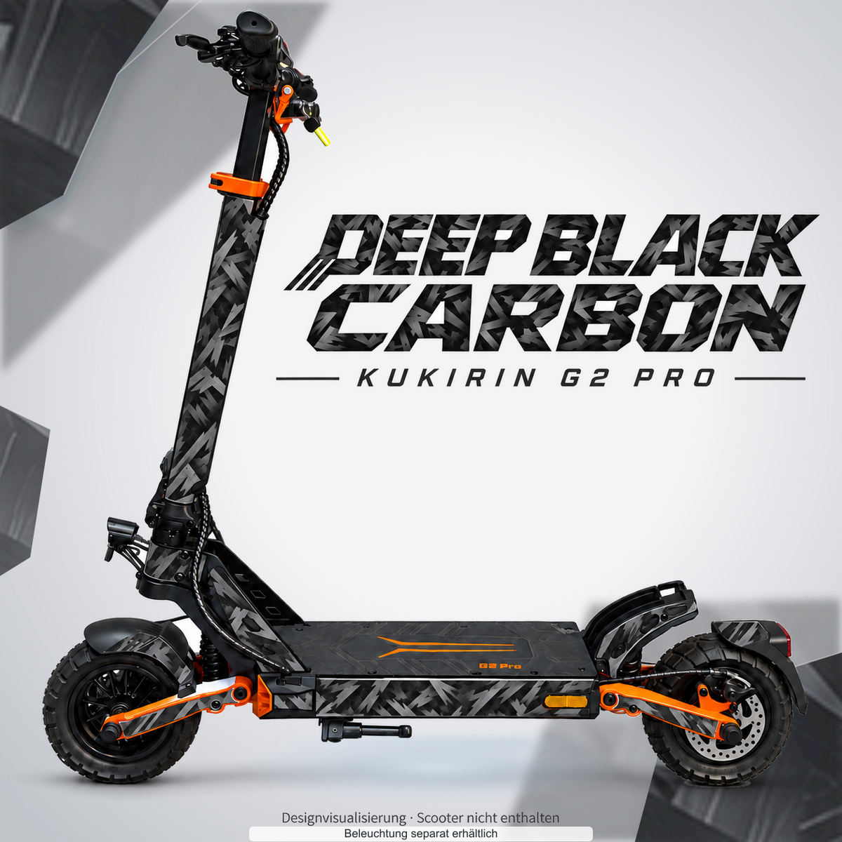 KUKIRIN G2 PRO SKIN | DEEP BLACK CARBON – Designvisualisierung mit farblich passendem Lichtschein. Scooter nicht enthalten; Beleuchtung separat erhältlich.