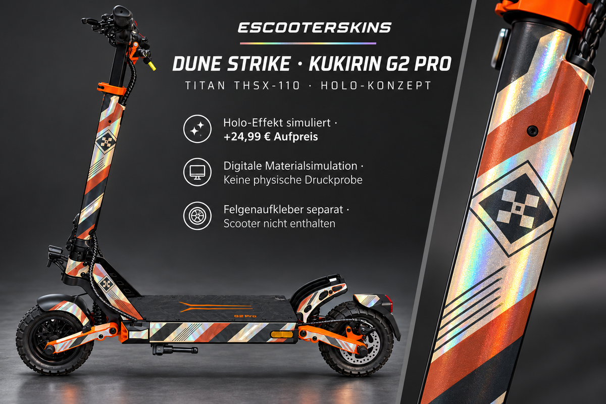 KUKIRIN G2 PRO SKIN | DUNE STRIKE – Holo-Effekt simuliert; +24,99 EUR Aufpreis. Digitale Materialsimulation, keine physische Druckprobe. Nur Body-Skin; Scooter und Felgenaufkleber nicht enthalten.