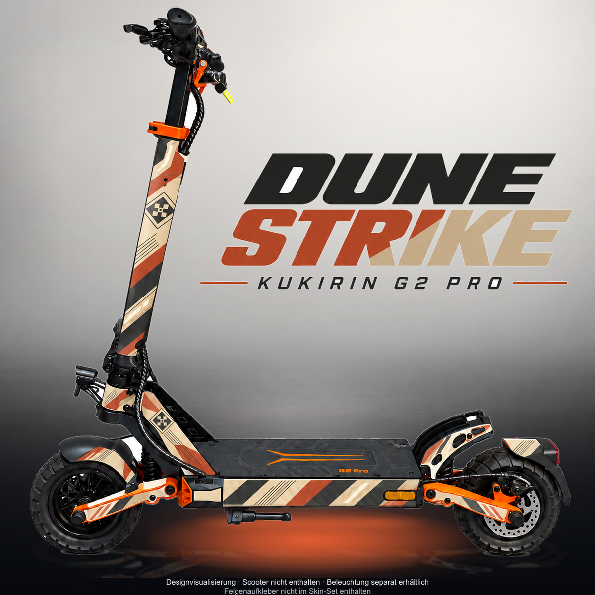KUKIRIN G2 PRO SKIN | DUNE STRIKE – Designvisualisierung mit Licht in der Skinfarbe; Scooter nicht enthalten, Beleuchtung separat erhältlich