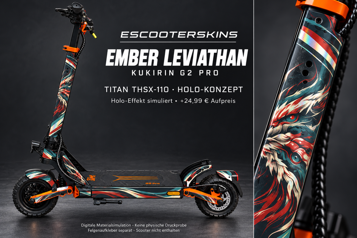 KUKIRIN G2 PRO SKIN | EMBER LEVIATHAN – Holo-Effekt simuliert; +24,99 EUR Aufpreis. Digitale Materialsimulation, keine physische Druckprobe. Nur Body-Skin; Scooter und Felgenaufkleber nicht enthalten.
