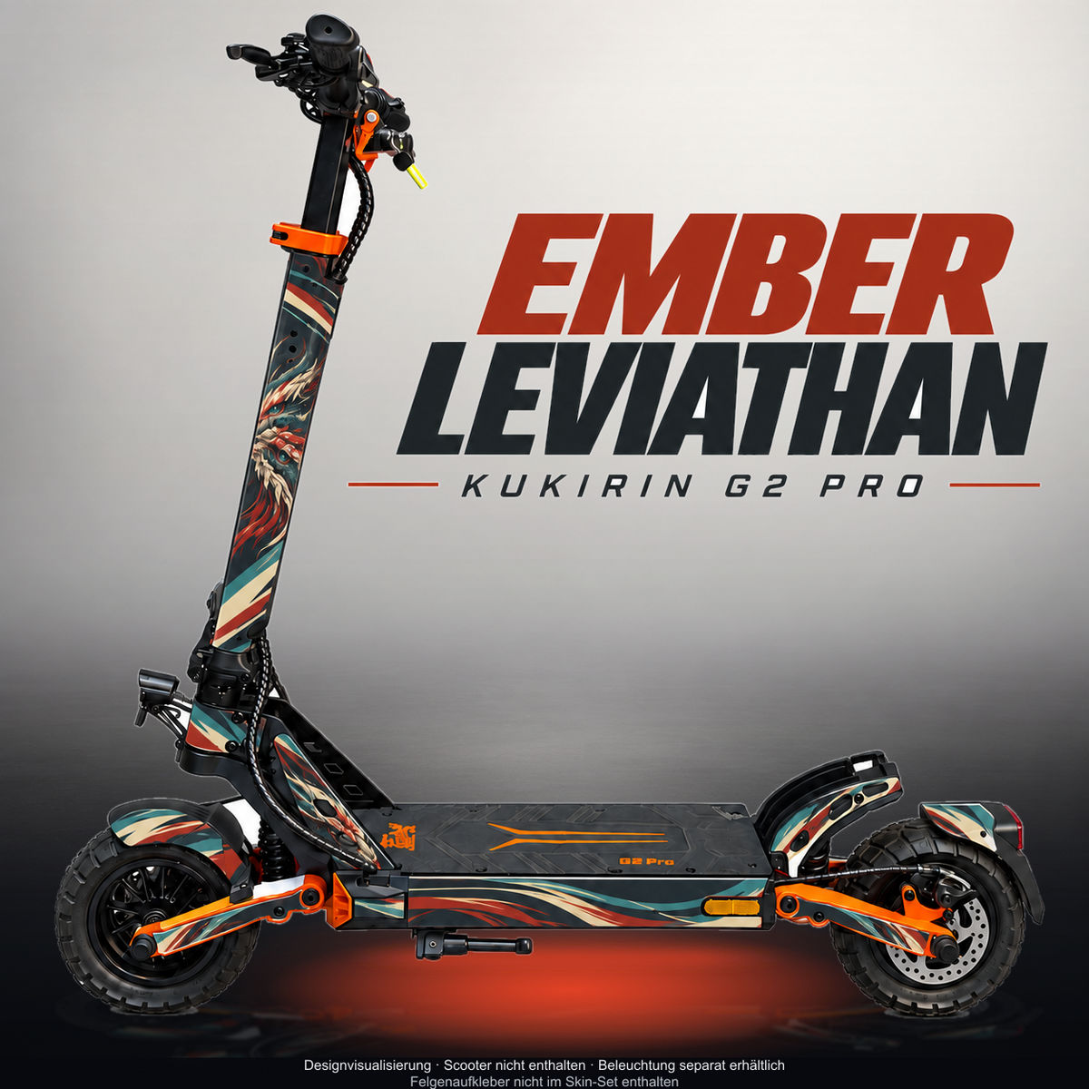 KUKIRIN G2 PRO SKIN | EMBER LEVIATHAN – Designvisualisierung mit Licht in der Skinfarbe; Scooter nicht enthalten, Beleuchtung separat erhältlich