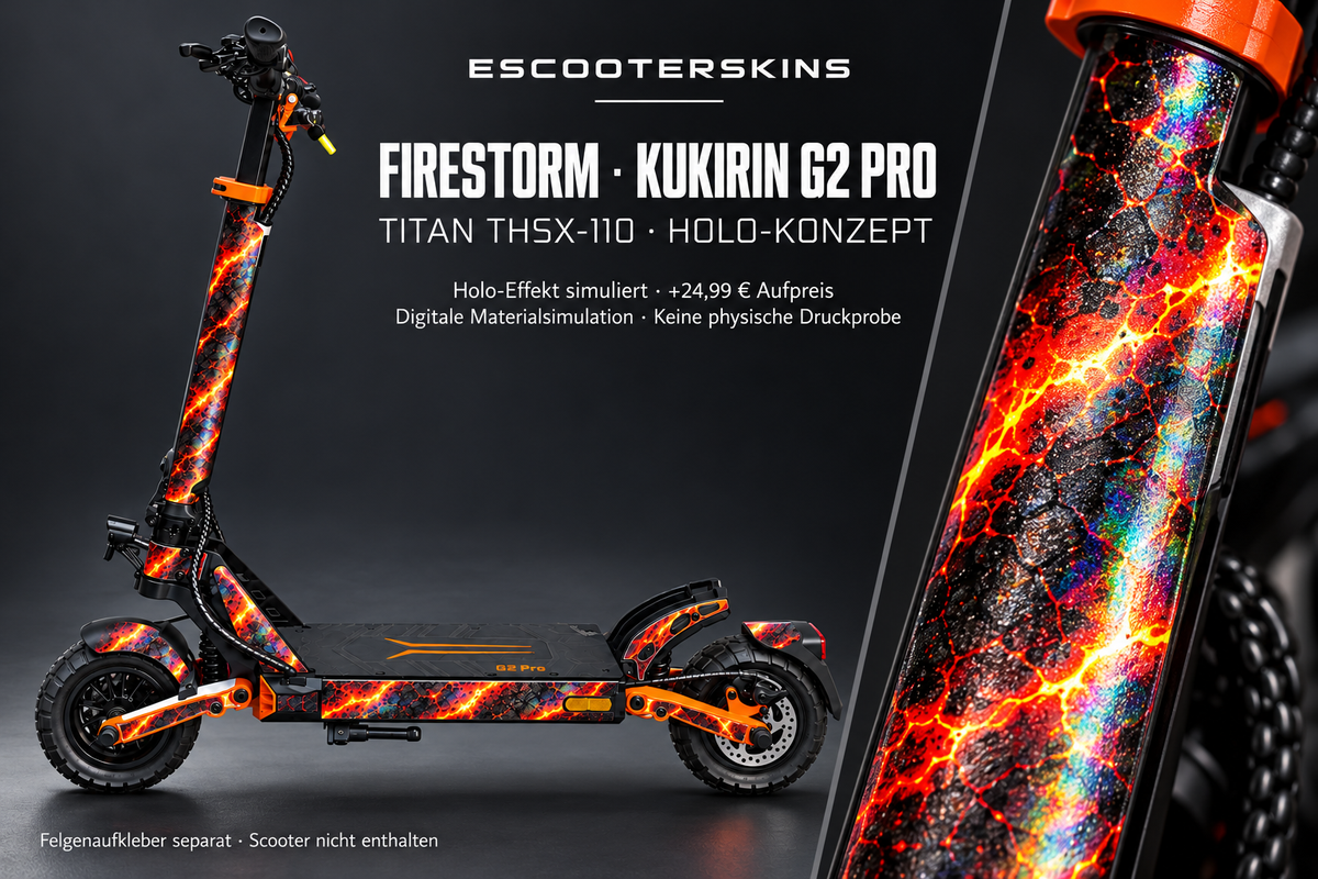 KUKIRIN G2 PRO SKIN | FIRESTORM – Holo-Effekt simuliert; +24,99 EUR Aufpreis. Digitale Materialsimulation, keine physische Druckprobe. Nur Body-Skin; Scooter und Felgenaufkleber nicht enthalten.