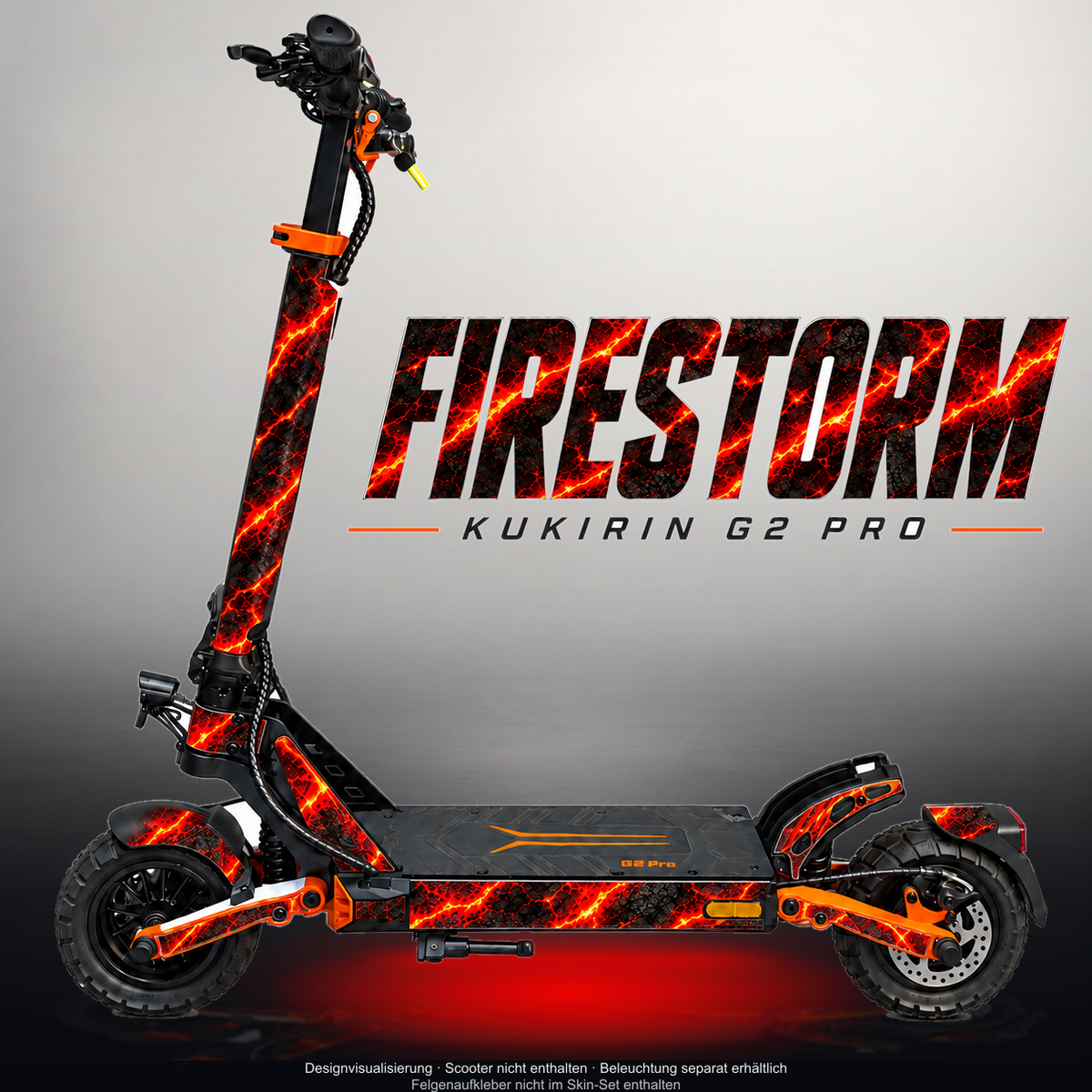 KUKIRIN G2 PRO SKIN | FIRESTORM – Designvisualisierung mit Licht in der Skinfarbe; Scooter nicht enthalten, Beleuchtung separat erhältlich