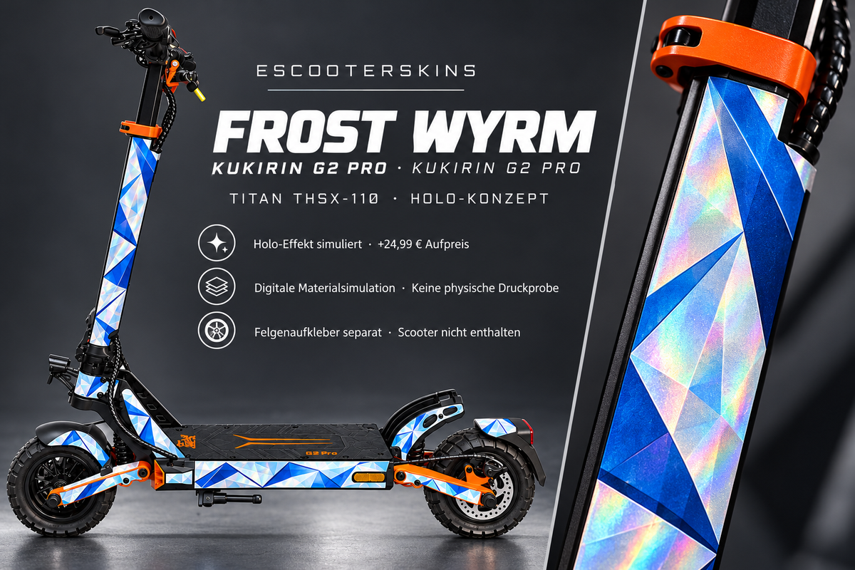 KUKIRIN G2 PRO SKIN | FROST WYRM – Holo-Effekt simuliert; +24,99 EUR Aufpreis. Digitale Materialsimulation, keine physische Druckprobe. Nur Body-Skin; Scooter und Felgenaufkleber nicht enthalten.