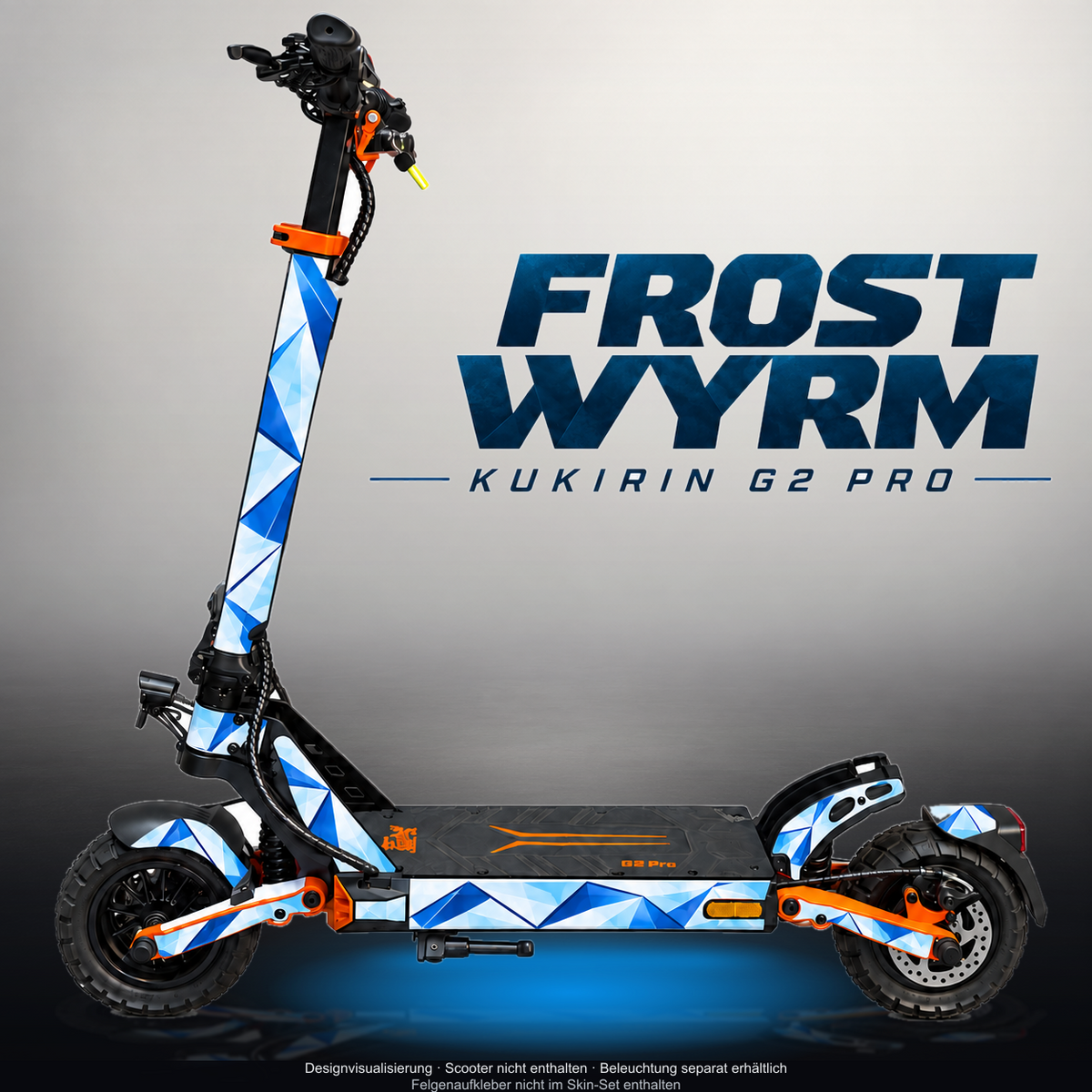 KUKIRIN G2 PRO SKIN | FROST WYRM – Designvisualisierung mit Licht in der Skinfarbe; Scooter nicht enthalten, Beleuchtung separat erhältlich