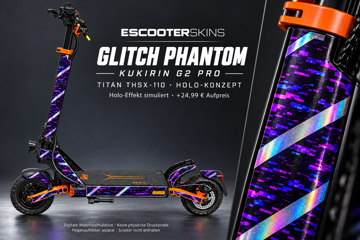 KUKIRIN G2 PRO SKIN | GLITCH PHANTOM – Holo-Effekt simuliert; +24,99 EUR Aufpreis. Digitale Materialsimulation, keine physische Druckprobe. Nur Body-Skin; Scooter und Felgenaufkleber nicht enthalten.