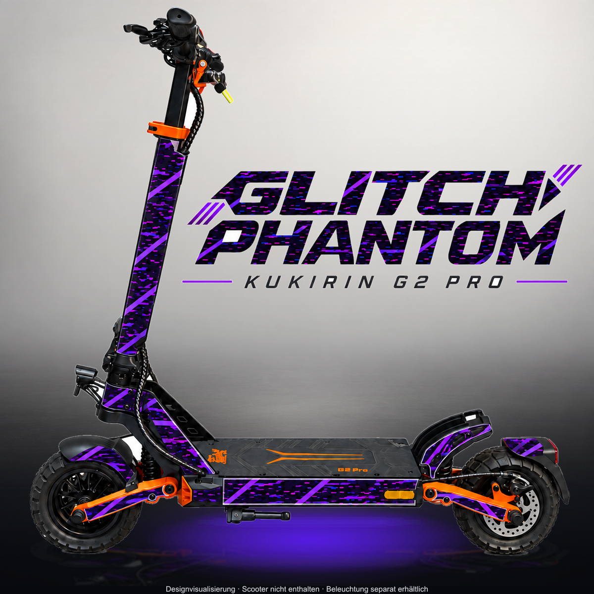 KUKIRIN G2 PRO SKIN | GLITCH PHANTOM – Designvisualisierung im Studio-Look mit Licht in der Skinfarbe; Scooter nicht enthalten, Beleuchtung separat erhältlich