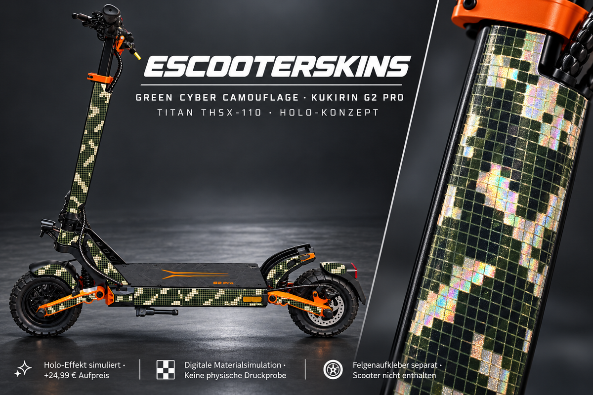 KUKIRIN G2 PRO SKIN | GREEN CYBER CAMOUFLAGE – Holo-Effekt simuliert; +24,99 EUR Aufpreis. Digitale Materialsimulation, keine physische Druckprobe. Nur Body-Skin; Scooter und Felgenaufkleber nicht enthalten.