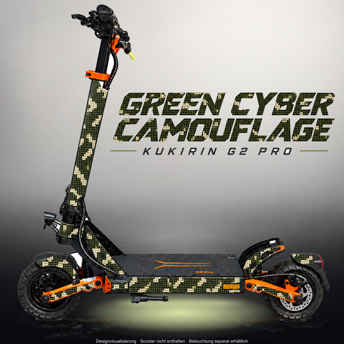 KUKIRIN G2 PRO SKIN | GREEN CYBER CAMOUFLAGE – Designvisualisierung im Studio-Look mit Licht in der Skinfarbe; Scooter nicht enthalten, Beleuchtung separat erhältlich