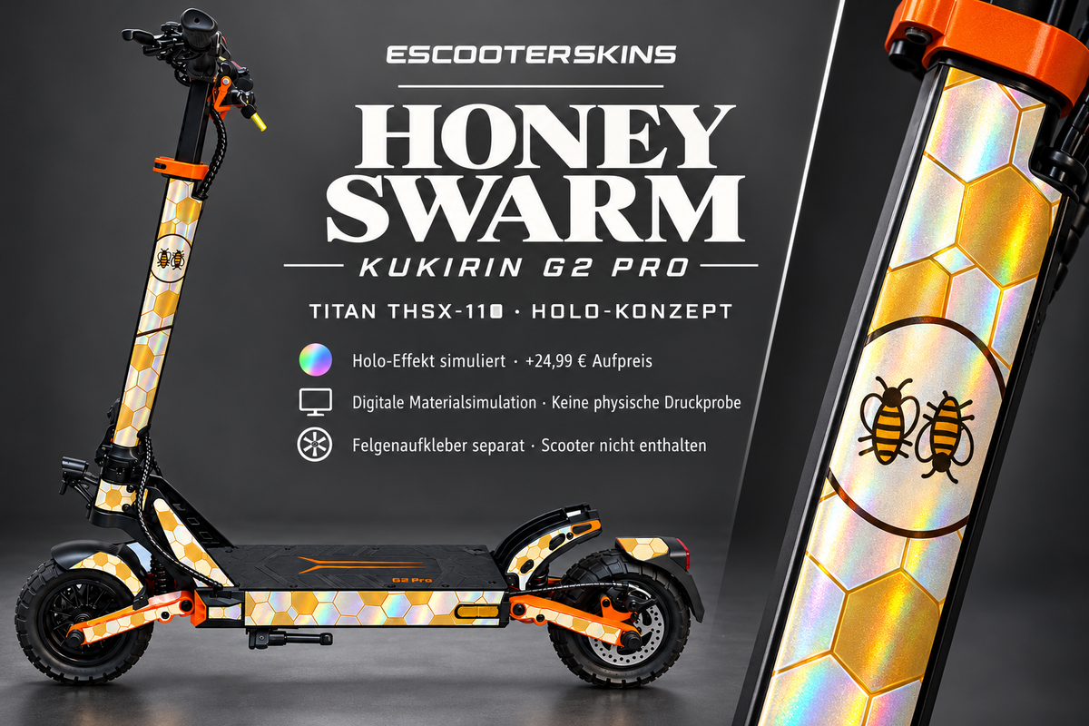 KUKIRIN G2 PRO SKIN | HONEY SWARM – Holo-Effekt simuliert; +24,99 EUR Aufpreis. Digitale Materialsimulation, keine physische Druckprobe. Nur Body-Skin; Scooter und Felgenaufkleber nicht enthalten.