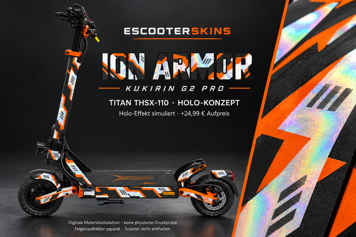 KUKIRIN G2 PRO SKIN | ION ARMOR – Holo-Effekt simuliert; +24,99 EUR Aufpreis. Digitale Materialsimulation, keine physische Druckprobe. Nur Body-Skin; Scooter und Felgenaufkleber nicht enthalten.