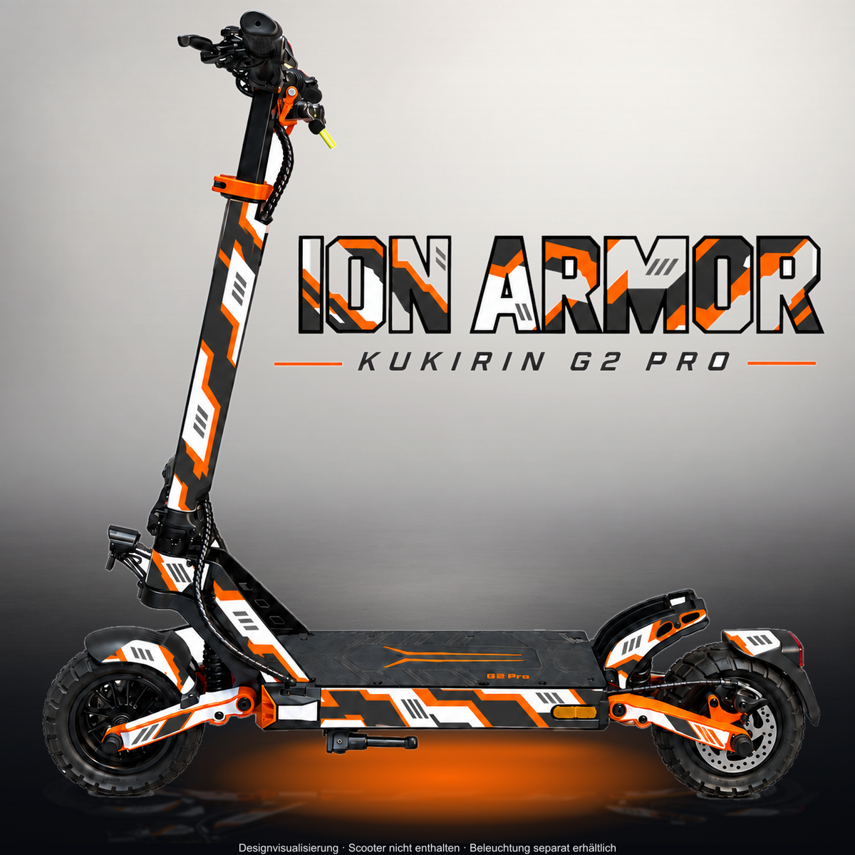 KUKIRIN G2 PRO SKIN | ION ARMOR – Designvisualisierung im Studio-Look mit Licht in der Skinfarbe; Scooter nicht enthalten, Beleuchtung separat erhältlich