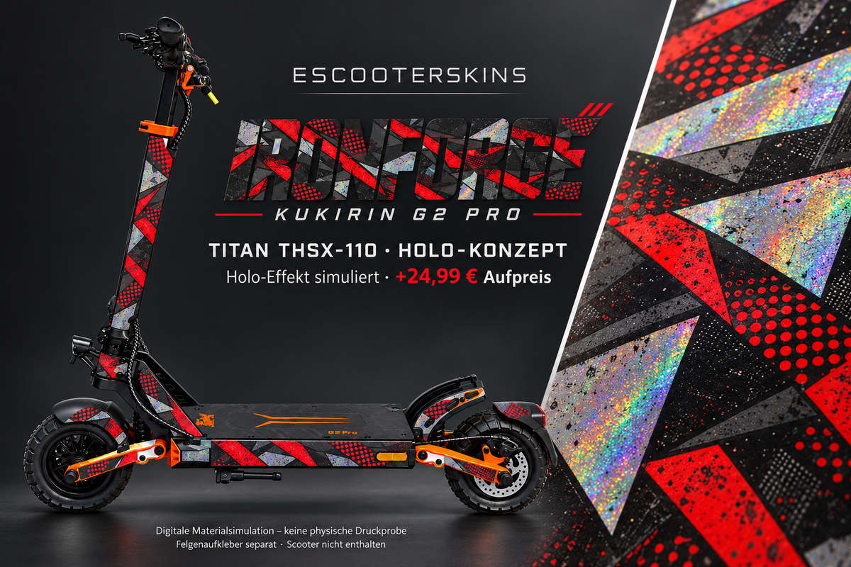 KUKIRIN G2 PRO SKIN | IRONFORGE – Holo-Effekt simuliert; +24,99 EUR Aufpreis. Digitale Materialsimulation, keine physische Druckprobe. Nur Body-Skin; Scooter und Felgenaufkleber nicht enthalten.
