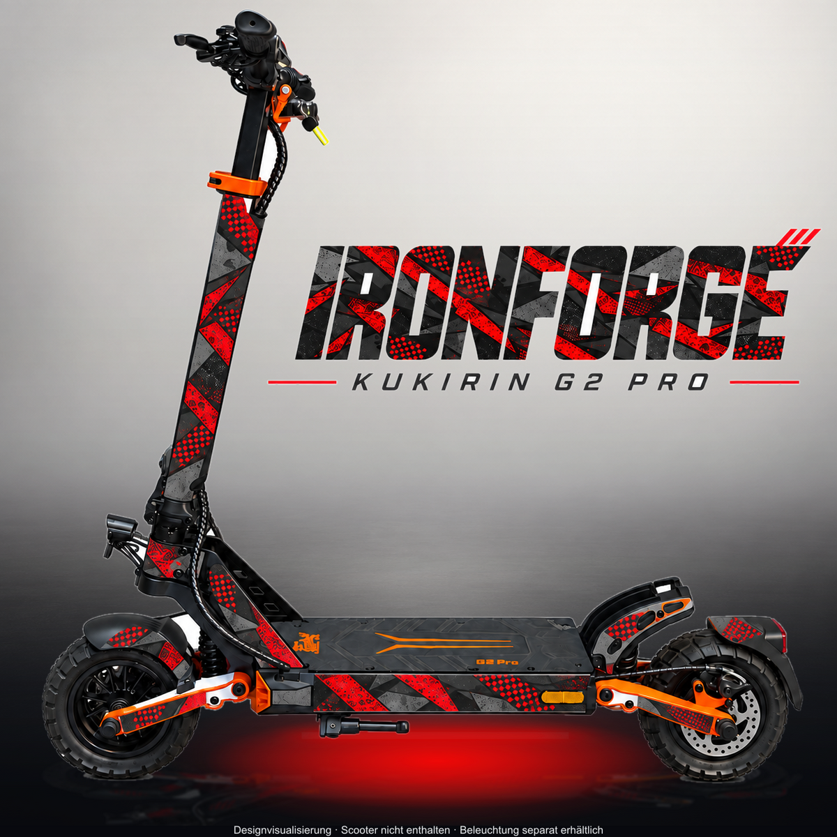 KUKIRIN G2 PRO SKIN | IRONFORGE – Designvisualisierung im Studio-Look mit Licht in der Skinfarbe; Scooter nicht enthalten, Beleuchtung separat erhältlich