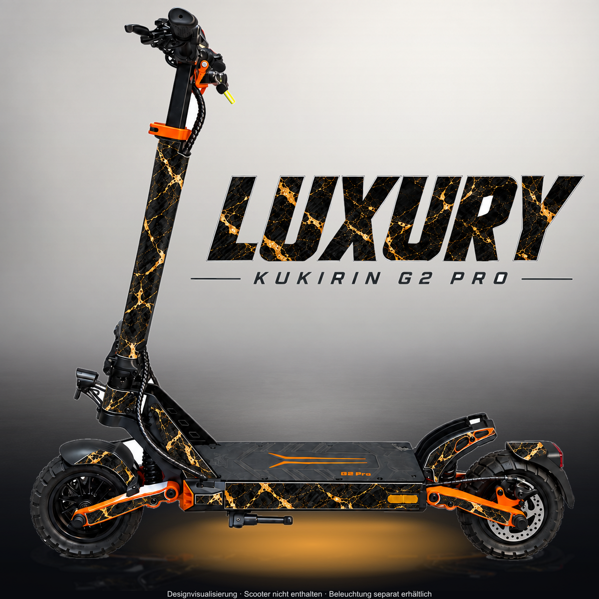 KUKIRIN G2 PRO SKIN | LUXURY – Designvisualisierung im Studio-Look mit Licht in der Skinfarbe; Scooter nicht enthalten, Beleuchtung separat erhältlich