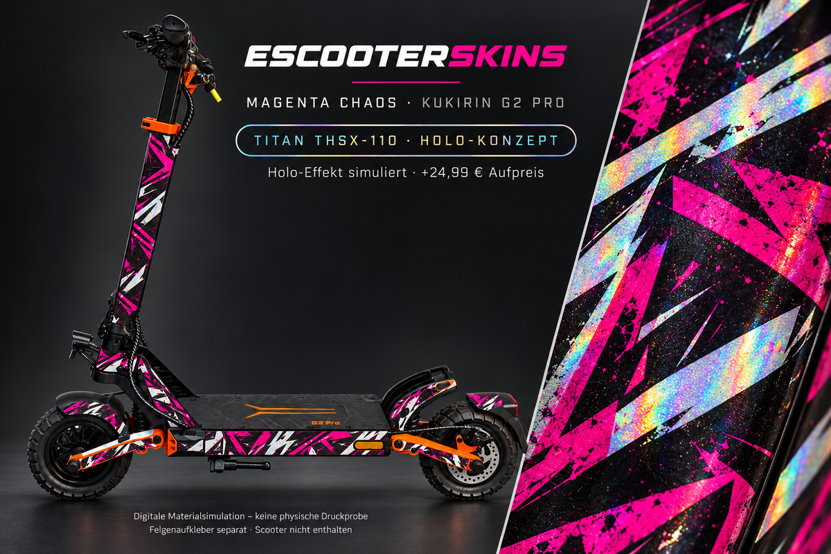 KUKIRIN G2 PRO SKIN | MAGENTA CHAOS – Holo-Effekt simuliert; +24,99 EUR Aufpreis. Digitale Materialsimulation, keine physische Druckprobe. Nur Body-Skin; Scooter und Felgenaufkleber nicht enthalten.