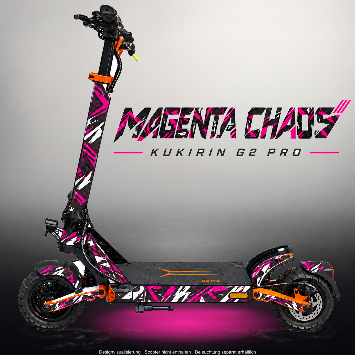 KUKIRIN G2 PRO SKIN | MAGENTA CHAOS – Designvisualisierung im Studio-Look mit Licht in der Skinfarbe; Scooter nicht enthalten, Beleuchtung separat erhältlich
