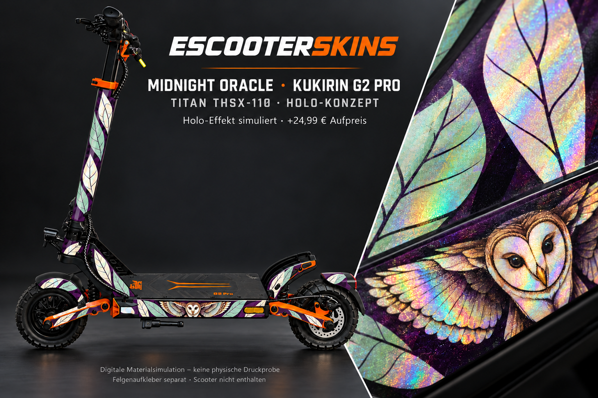 KUKIRIN G2 PRO SKIN | MIDNIGHT ORACLE – Holo-Effekt simuliert; +24,99 EUR Aufpreis. Digitale Materialsimulation, keine physische Druckprobe. Nur Body-Skin; Scooter und Felgenaufkleber nicht enthalten.