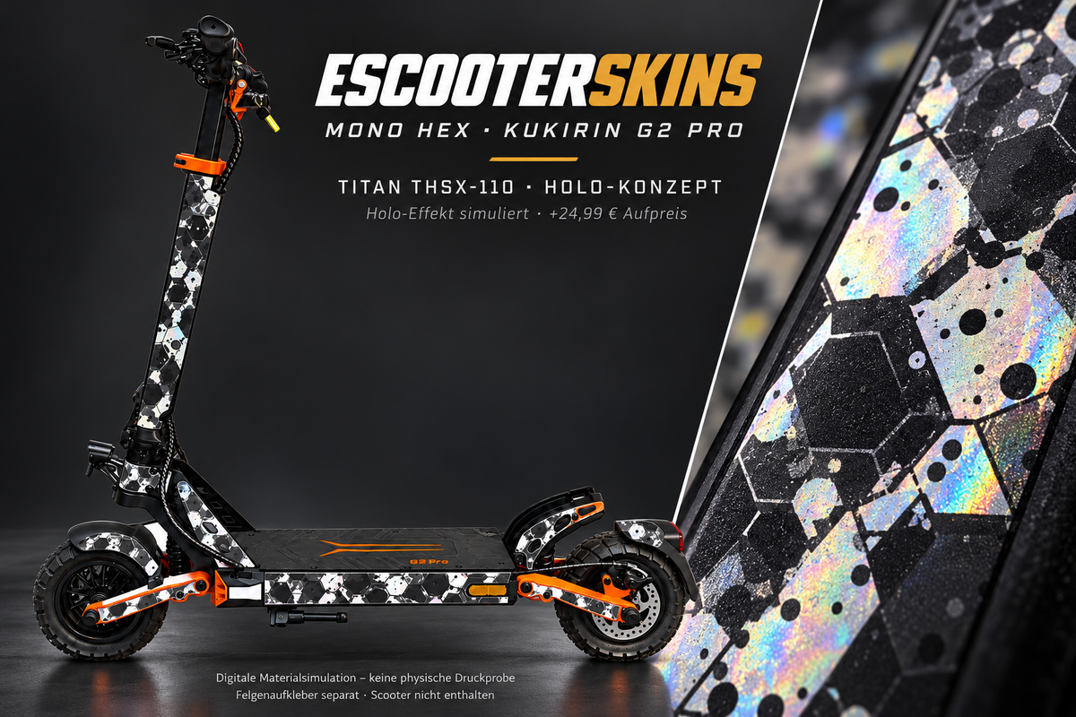 KUKIRIN G2 PRO SKIN | MONO HEX – Holo-Effekt simuliert; +24,99 EUR Aufpreis. Digitale Materialsimulation, keine physische Druckprobe. Nur Body-Skin; Scooter und Felgenaufkleber nicht enthalten.