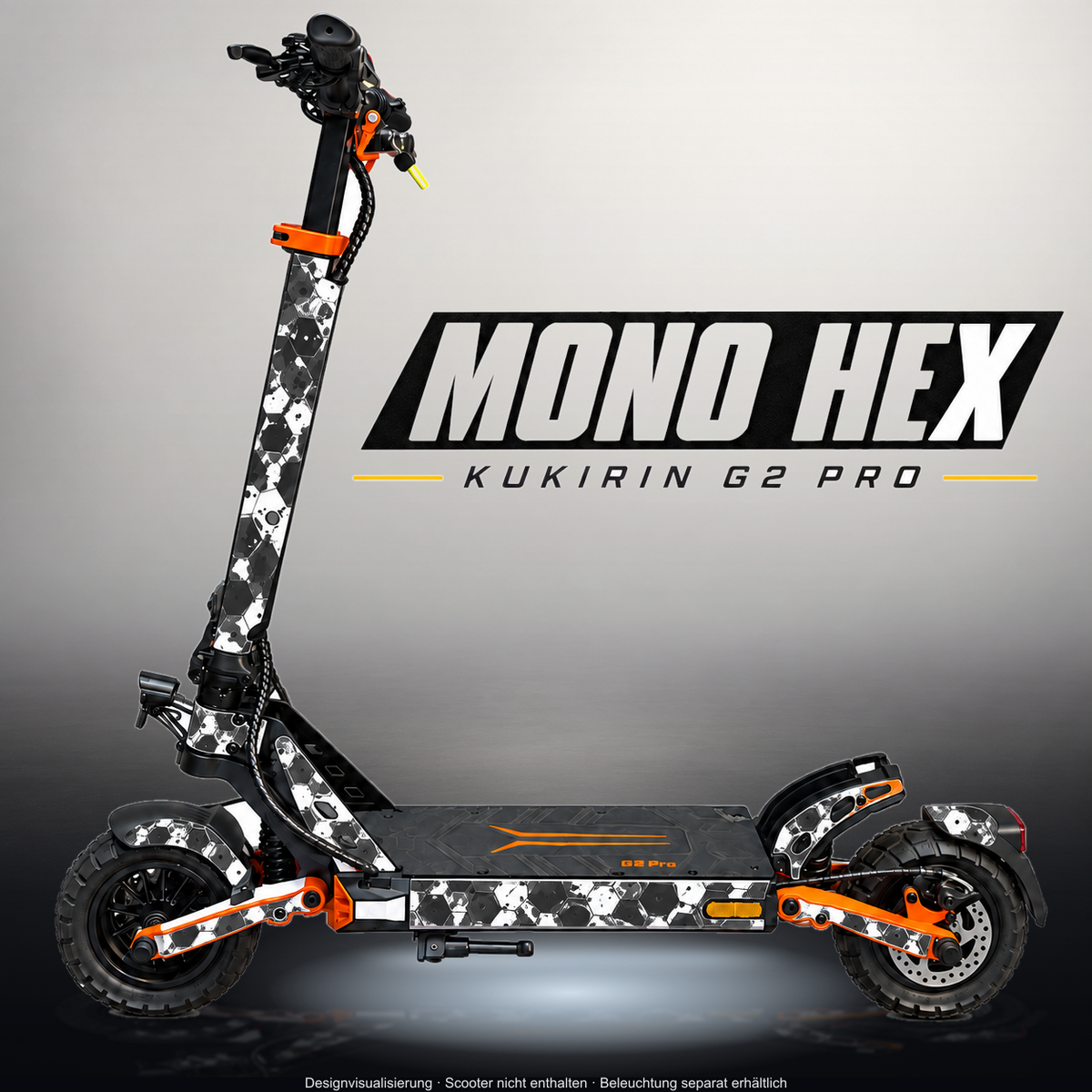 KUKIRIN G2 PRO SKIN | MONO HEX – Designvisualisierung im Studio-Look mit Licht in der Skinfarbe; Scooter nicht enthalten, Beleuchtung separat erhältlich