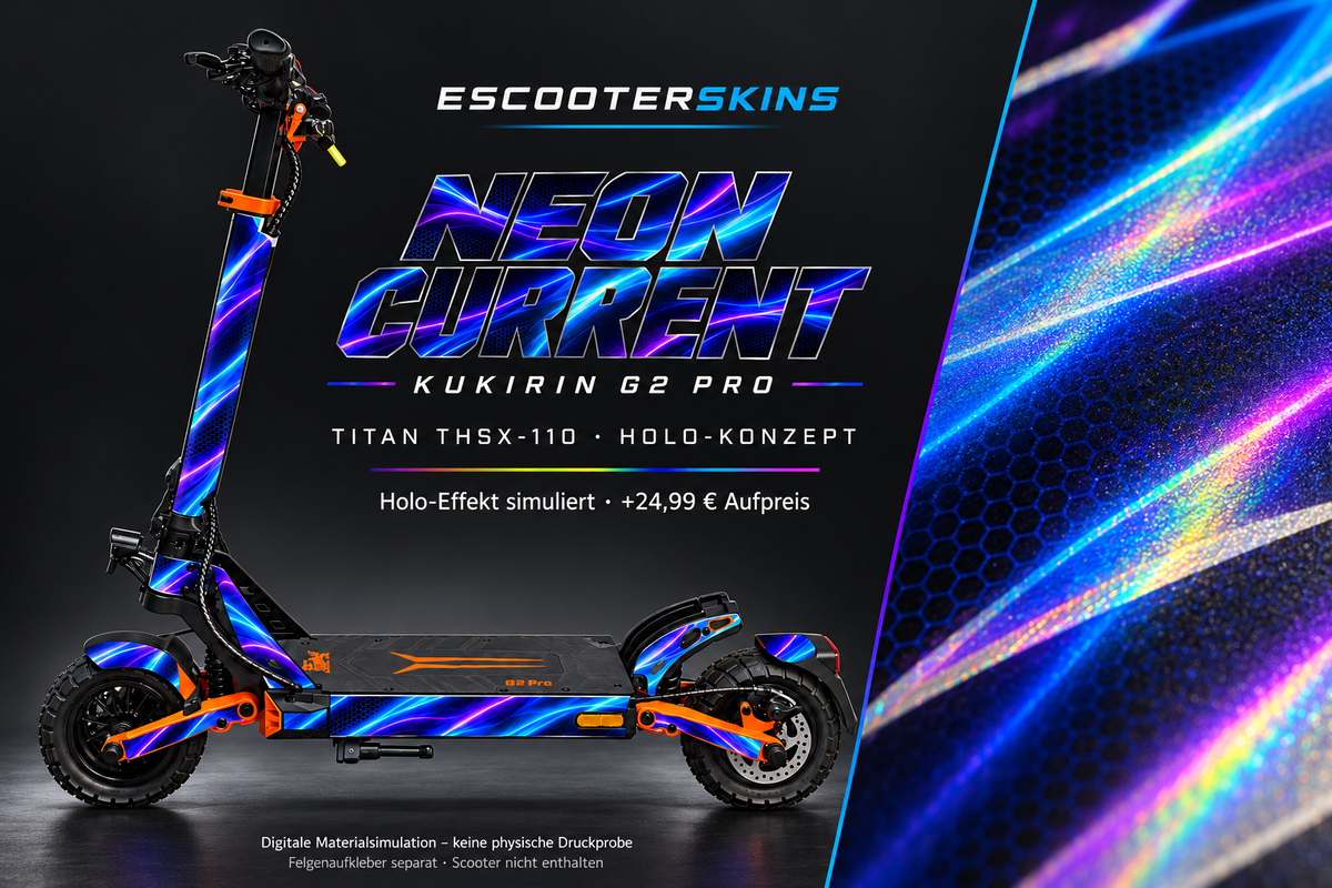 KUKIRIN G2 PRO SKIN | NEON CURRENT – Holo-Effekt simuliert; +24,99 EUR Aufpreis. Digitale Materialsimulation, keine physische Druckprobe. Nur Body-Skin; Scooter und Felgenaufkleber nicht enthalten.