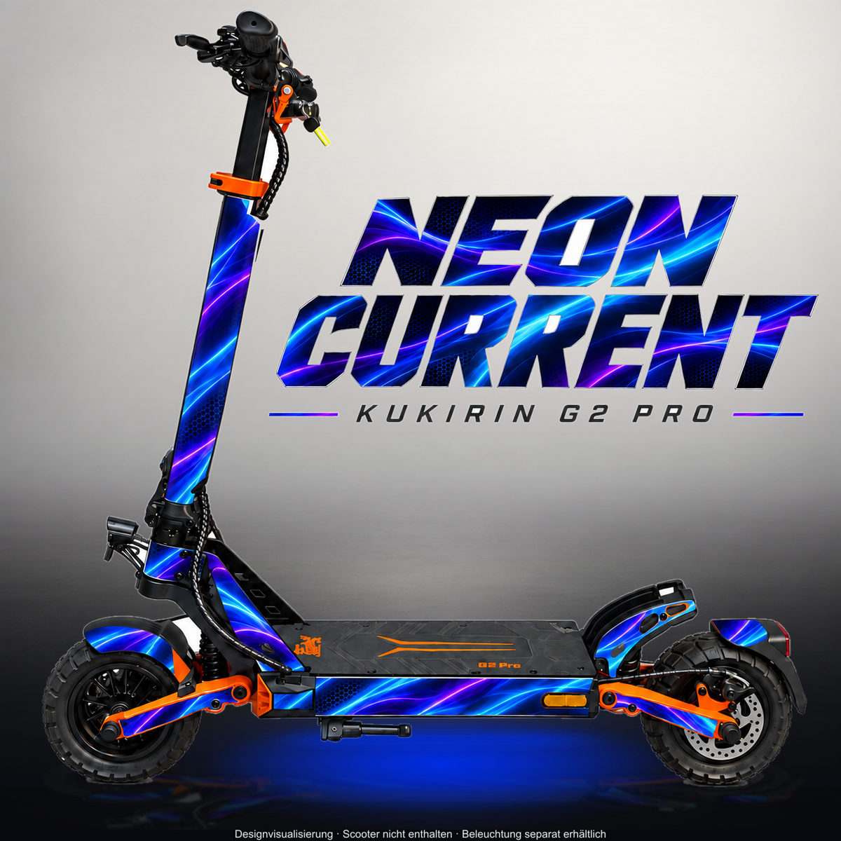 KUKIRIN G2 PRO SKIN | NEON CURRENT – Designvisualisierung im Studio-Look mit Licht in der Skinfarbe; Scooter nicht enthalten, Beleuchtung separat erhältlich