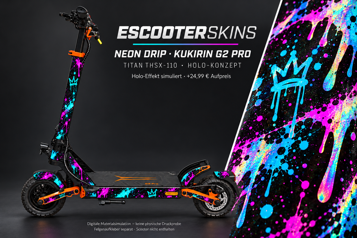 KUKIRIN G2 PRO SKIN | NEON DRIP – Holo-Effekt simuliert; +24,99 EUR Aufpreis. Digitale Materialsimulation, keine physische Druckprobe. Nur Body-Skin; Scooter und Felgenaufkleber nicht enthalten.