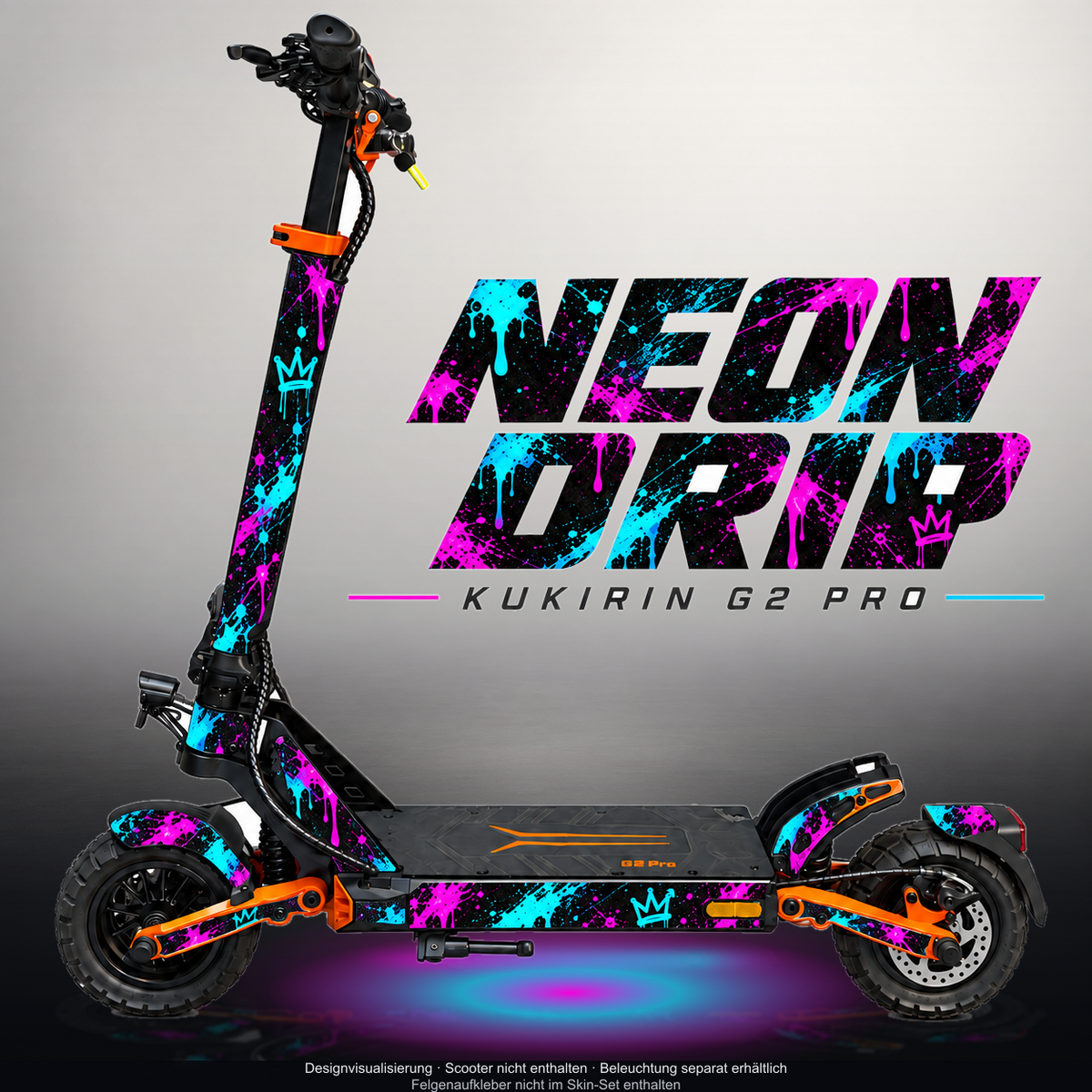 KUKIRIN G2 PRO SKIN | NEON DRIP – Designvisualisierung mit Licht in der Skinfarbe; Scooter nicht enthalten, Beleuchtung separat erhältlich