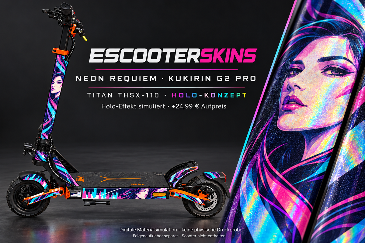 KUKIRIN G2 PRO SKIN | NEON REQUIEM – Holo-Effekt simuliert; +24,99 EUR Aufpreis. Digitale Materialsimulation, keine physische Druckprobe. Nur Body-Skin; Scooter und Felgenaufkleber nicht enthalten.