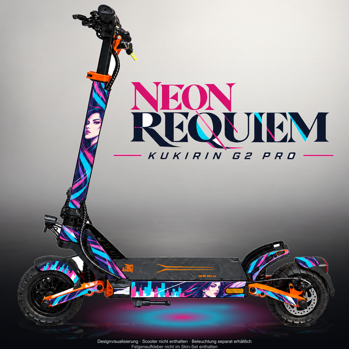 KUKIRIN G2 PRO SKIN | NEON REQUIEM – Designvisualisierung mit Licht in der Skinfarbe; Scooter nicht enthalten, Beleuchtung separat erhältlich