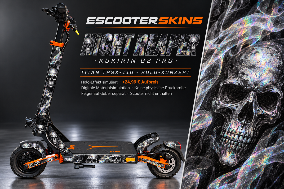 KUKIRIN G2 PRO SKIN | NIGHT REAPER – Holo-Effekt simuliert; +24,99 EUR Aufpreis. Digitale Materialsimulation, keine physische Druckprobe. Nur Body-Skin; Scooter und Felgenaufkleber nicht enthalten.