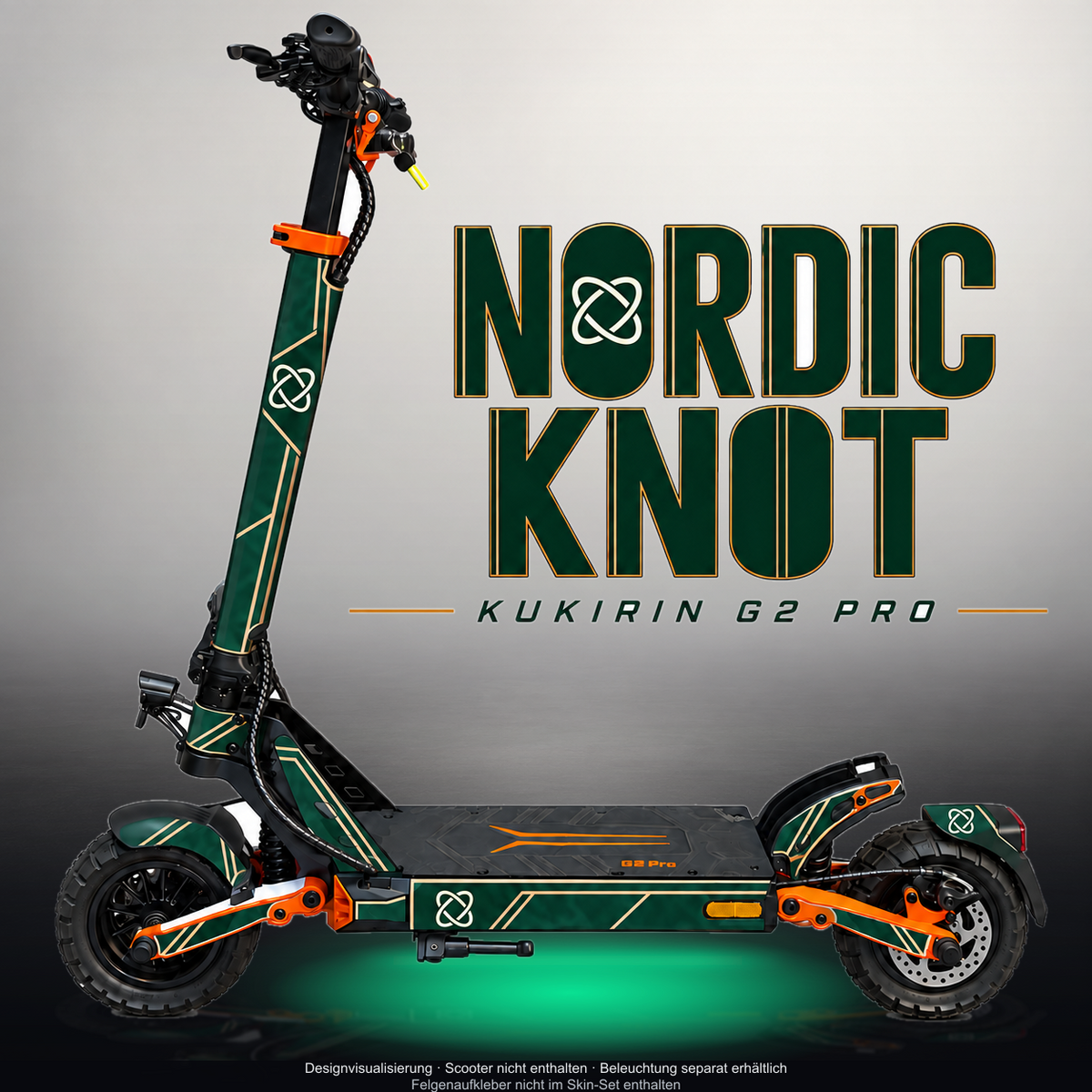 KUKIRIN G2 PRO SKIN | NORDIC KNOT – Designvisualisierung mit Licht in der Skinfarbe; Scooter nicht enthalten, Beleuchtung separat erhältlich
