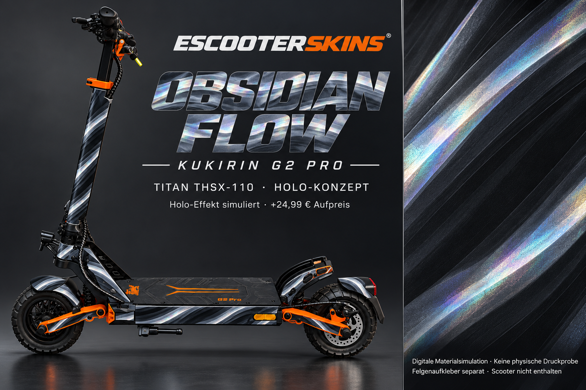 KUKIRIN G2 PRO SKIN | OBSIDIAN FLOW – Holo-Effekt simuliert; +24,99 EUR Aufpreis. Digitale Materialsimulation, keine physische Druckprobe. Nur Body-Skin; Scooter und Felgenaufkleber nicht enthalten.
