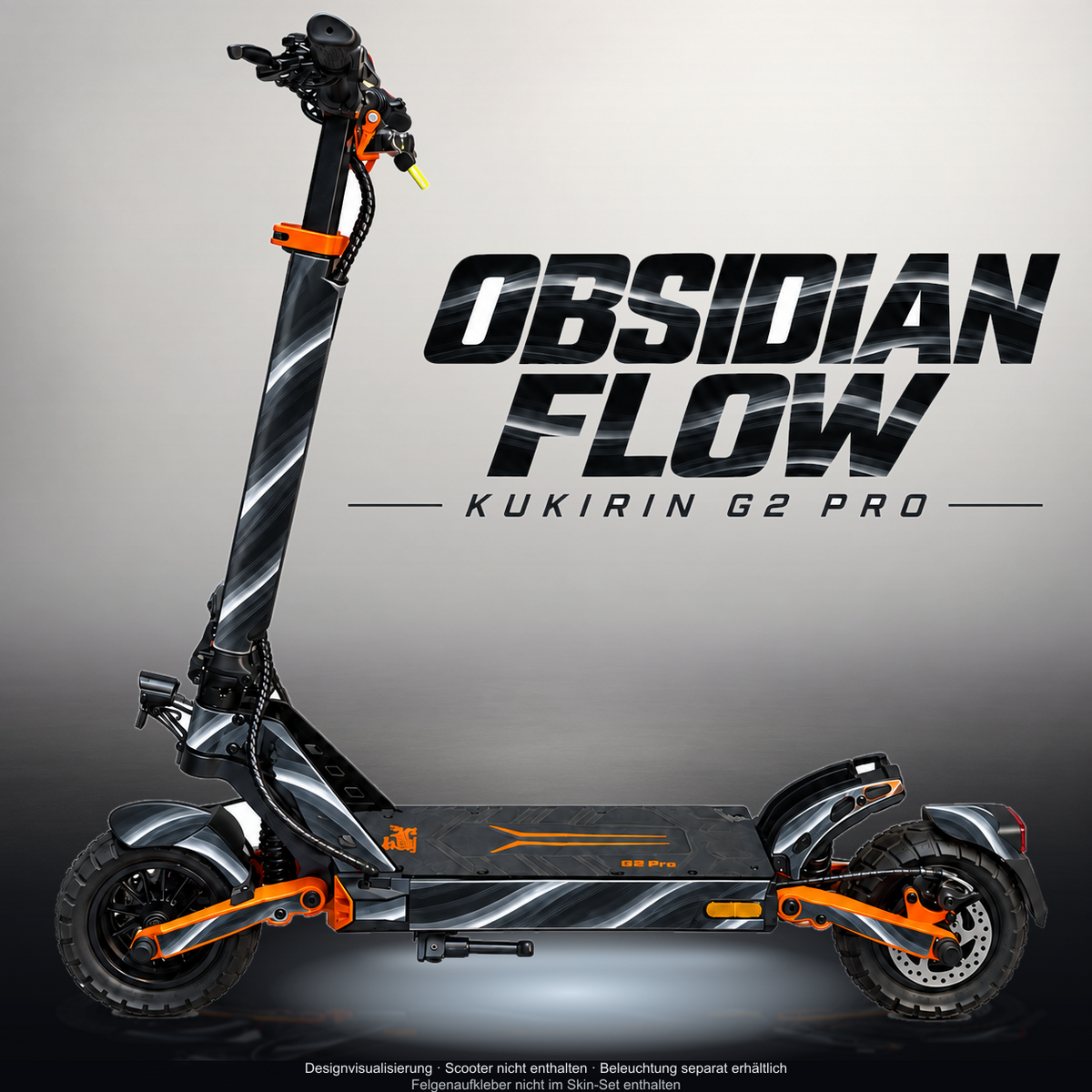 KUKIRIN G2 PRO SKIN | OBSIDIAN FLOW – Designvisualisierung mit Licht in der Skinfarbe; Scooter nicht enthalten, Beleuchtung separat erhältlich