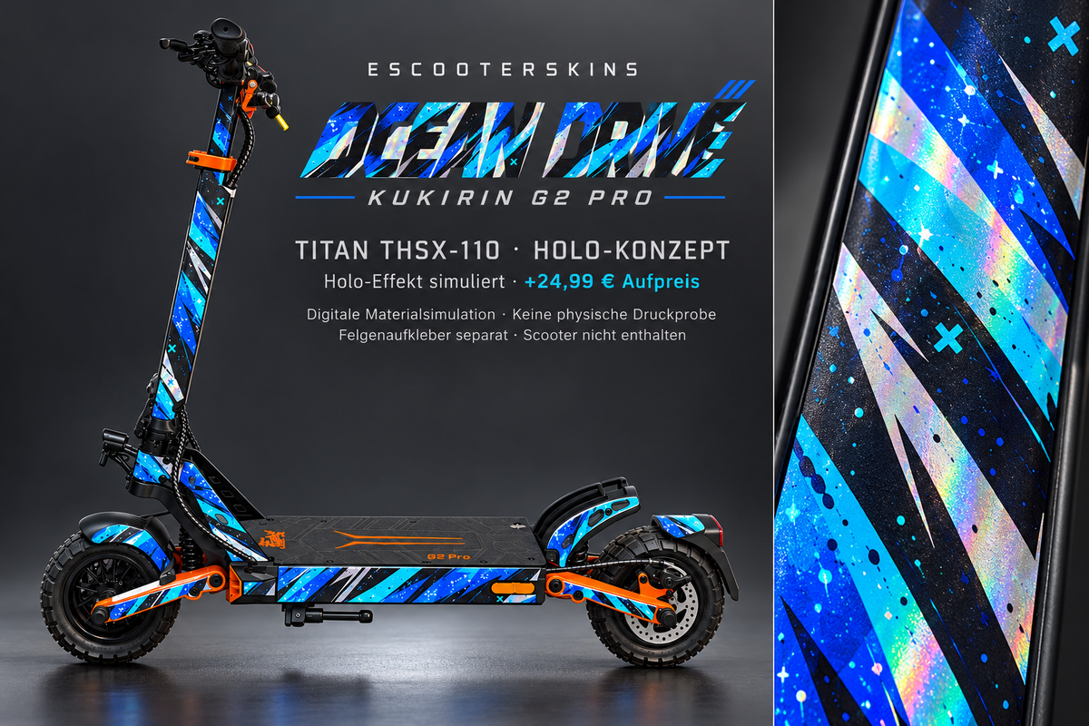 KUKIRIN G2 PRO SKIN | OCEAN DRIVE – Holo-Effekt simuliert; +24,99 EUR Aufpreis. Digitale Materialsimulation, keine physische Druckprobe. Nur Body-Skin; Scooter und Felgenaufkleber nicht enthalten.