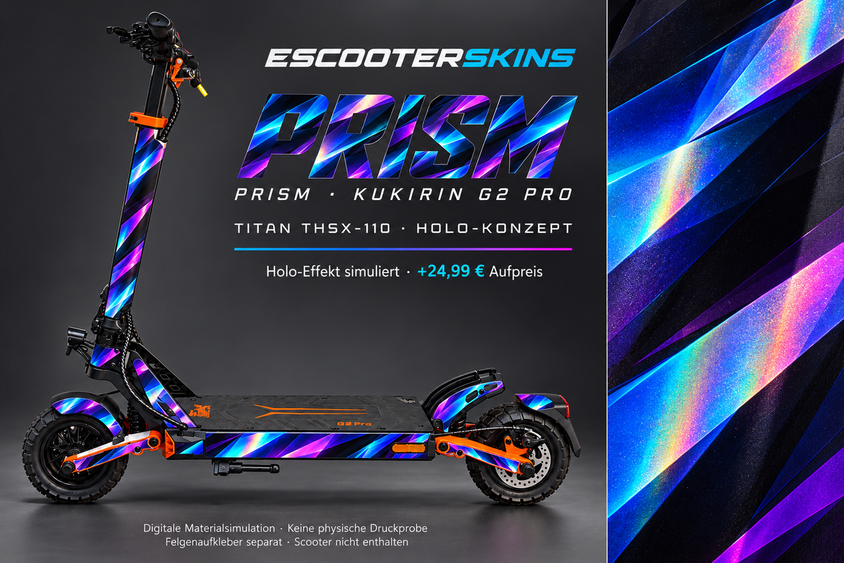 KUKIRIN G2 PRO SKIN | PRISM – Holo-Effekt simuliert; +24,99 EUR Aufpreis. Digitale Materialsimulation, keine physische Druckprobe. Nur Body-Skin; Scooter und Felgenaufkleber nicht enthalten.