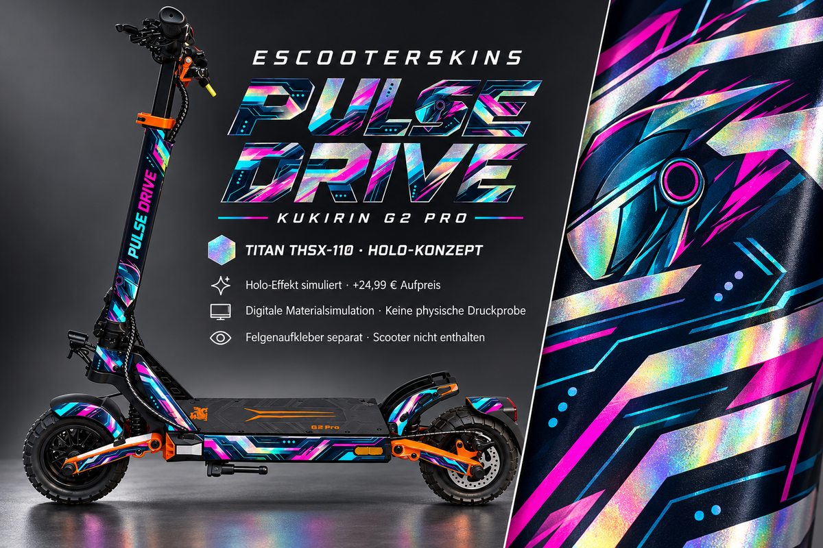 KUKIRIN G2 PRO SKIN | PULSE DRIVE – Holo-Effekt simuliert; +24,99 EUR Aufpreis. Digitale Materialsimulation, keine physische Druckprobe. Nur Body-Skin; Scooter und Felgenaufkleber nicht enthalten.