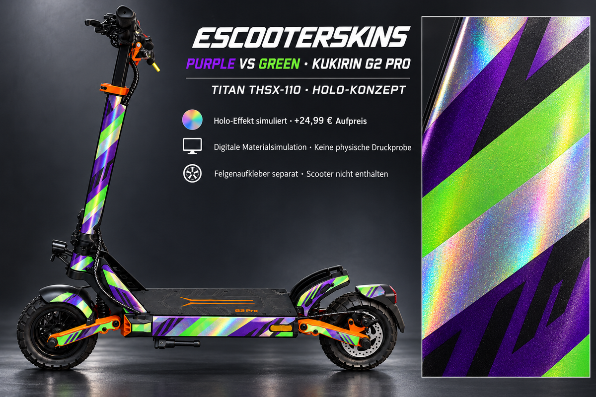 KUKIRIN G2 PRO SKIN | PURPLE VS GREEN – Holo-Effekt simuliert; +24,99 EUR Aufpreis. Digitale Materialsimulation, keine physische Druckprobe. Nur Body-Skin; Scooter und Felgenaufkleber nicht enthalten.