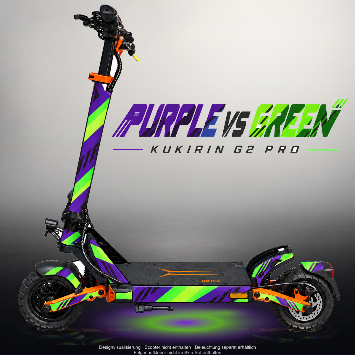KUKIRIN G2 PRO SKIN | PURPLE VS GREEN – Designvisualisierung mit Licht in der Skinfarbe; Scooter nicht enthalten, Beleuchtung separat erhältlich