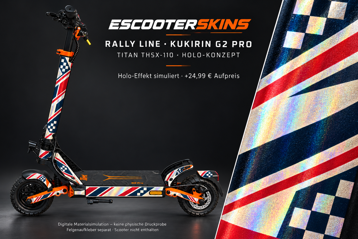 KUKIRIN G2 PRO SKIN | RALLY LINE – Holo-Effekt simuliert; +24,99 EUR Aufpreis. Digitale Materialsimulation, keine physische Druckprobe. Nur Body-Skin; Trittbrett und Felgenaufkleber separat; Scooter nicht enthalten.