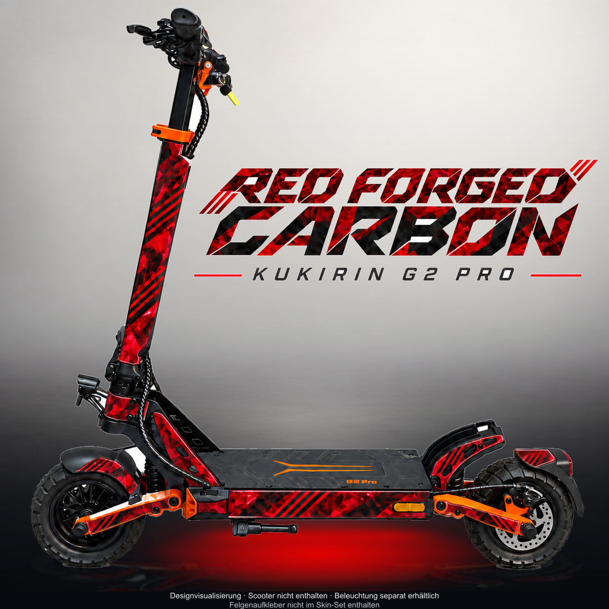 KUKIRIN G2 PRO SKIN | RED FORGED CARBON – Designvisualisierung mit Licht in der Skinfarbe; Scooter nicht enthalten, Beleuchtung separat erhältlich