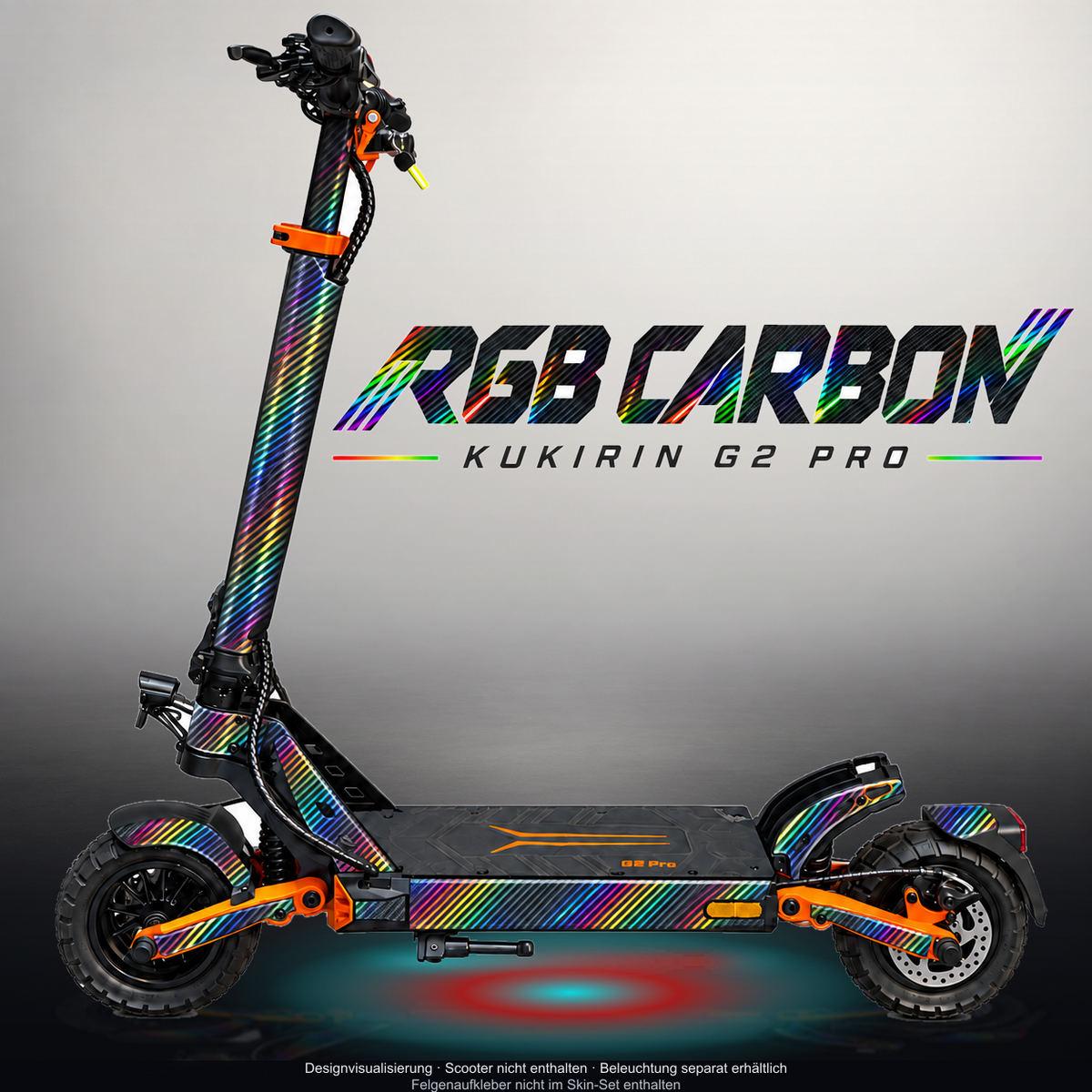 KUKIRIN G2 PRO SKIN | RGB CARBON – Designvisualisierung mit Licht in der Skinfarbe; Scooter nicht enthalten, Beleuchtung separat erhältlich