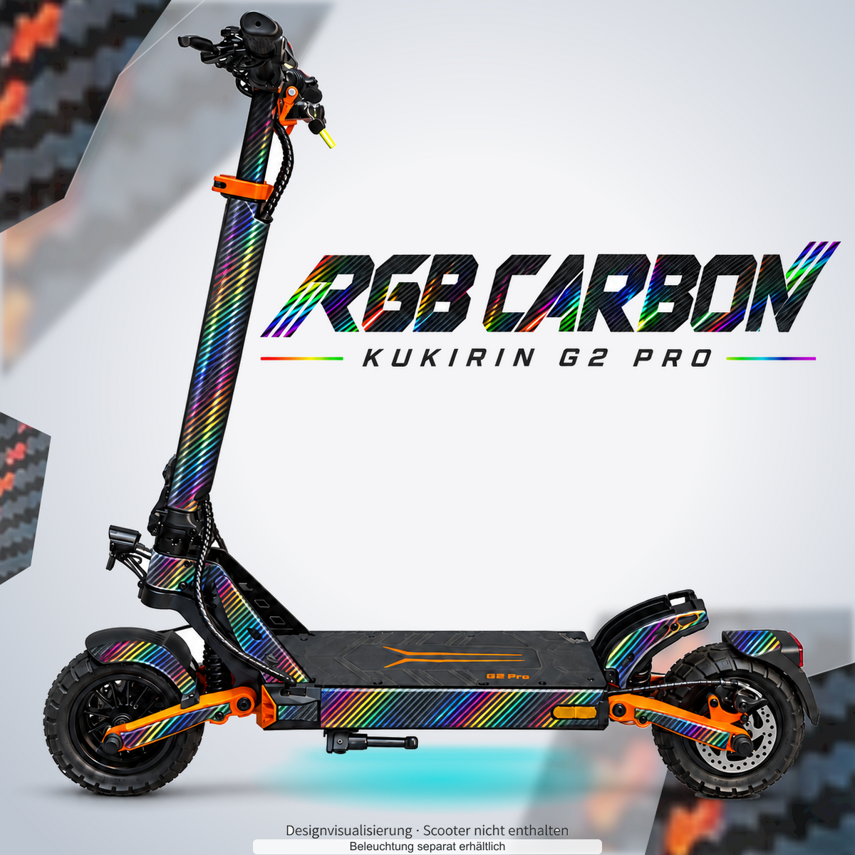 KUKIRIN G2 PRO SKIN | RGB CARBON – Designvisualisierung mit farblich passendem Lichtschein. Scooter nicht enthalten; Beleuchtung separat erhältlich.