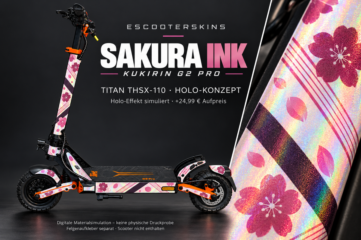 KUKIRIN G2 PRO SKIN | SAKURA INK – Holo-Effekt simuliert; +24,99 EUR Aufpreis. Digitale Materialsimulation, keine physische Druckprobe. Nur Body-Skin; Trittbrett und Felgenaufkleber separat; Scooter nicht enthalten.