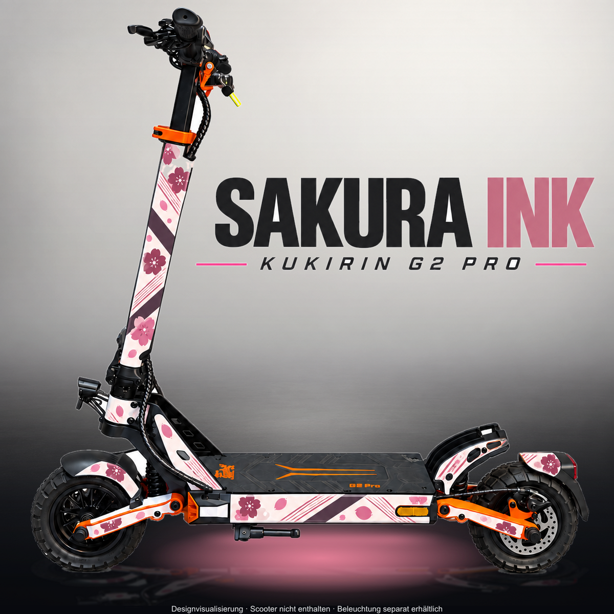 KUKIRIN G2 PRO SKIN | SAKURA INK – Designvisualisierung im Studio-Look mit Licht in der Skinfarbe; Scooter nicht enthalten, Beleuchtung separat erhältlich