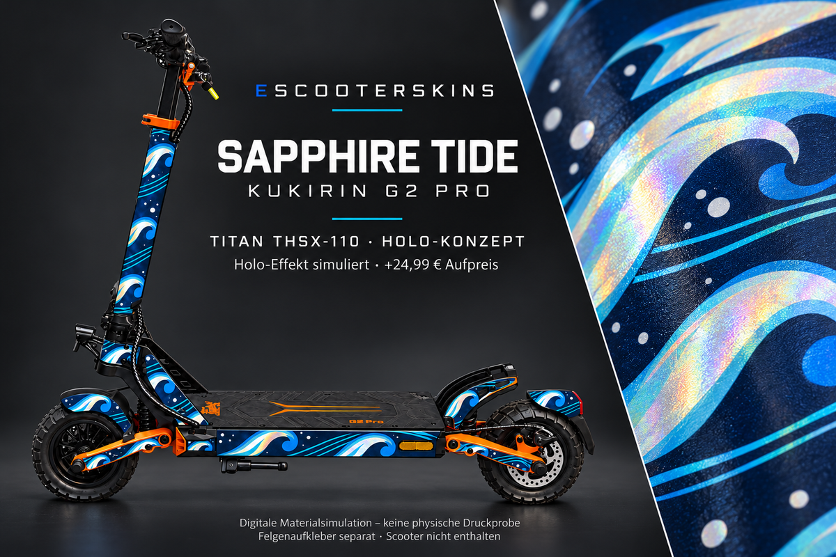 KUKIRIN G2 PRO SKIN | SAPPHIRE TIDE – Holo-Effekt simuliert; +24,99 EUR Aufpreis. Digitale Materialsimulation, keine physische Druckprobe. Nur Body-Skin; Trittbrett und Felgenaufkleber separat; Scooter nicht enthalten.