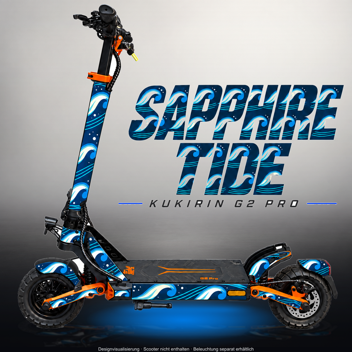 KUKIRIN G2 PRO SKIN | SAPPHIRE TIDE – Designvisualisierung im Studio-Look mit Licht in der Skinfarbe; Scooter nicht enthalten, Beleuchtung separat erhältlich