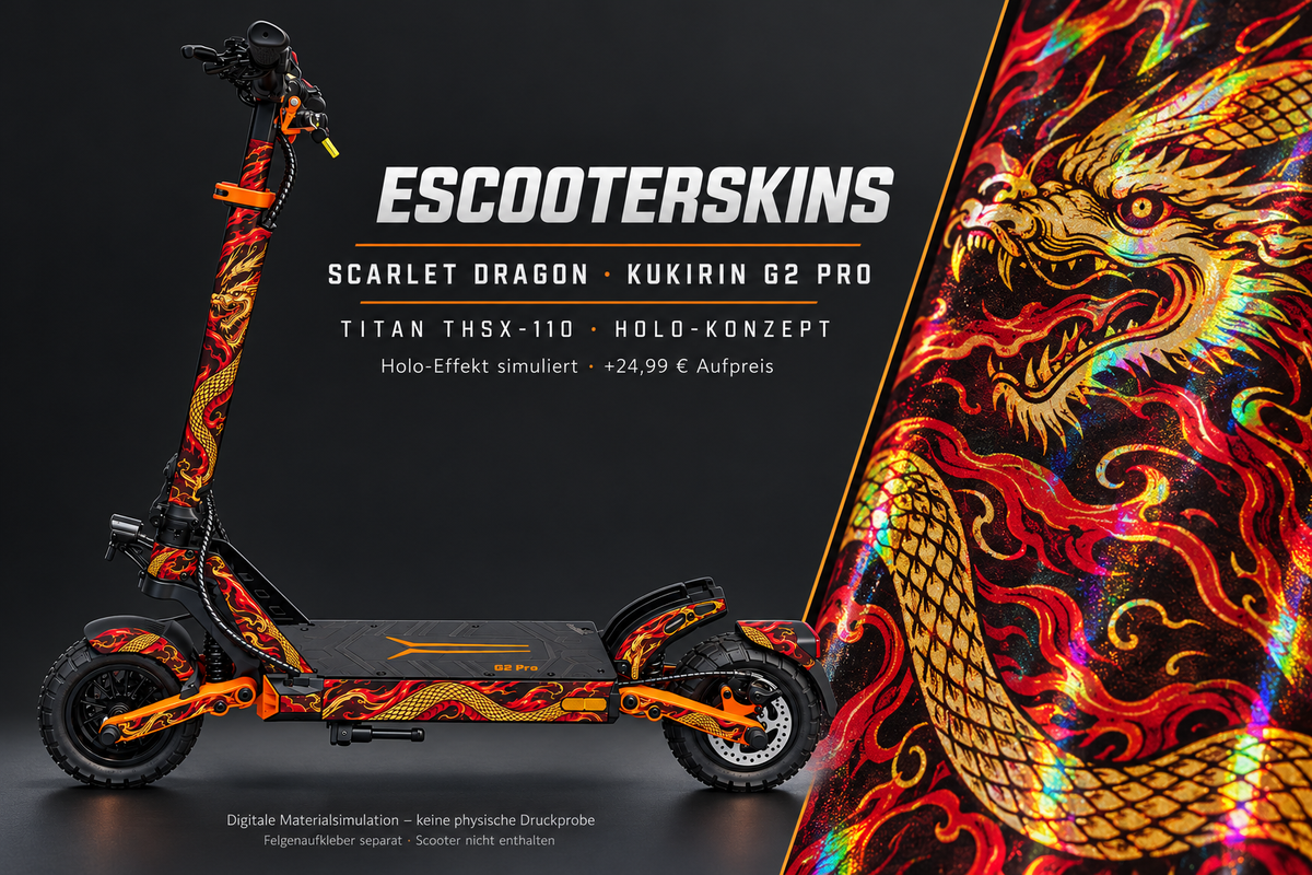 KUKIRIN G2 PRO SKIN | SCARLET DRAGON – Holo-Effekt simuliert; +24,99 EUR Aufpreis. Digitale Materialsimulation, keine physische Druckprobe. Nur Body-Skin; Trittbrett und Felgenaufkleber separat; Scooter nicht enthalten.